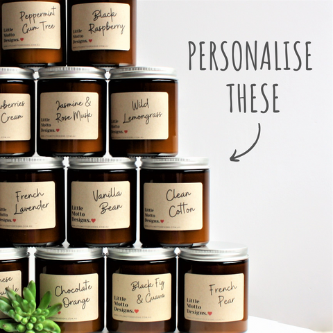 Custom Soy Candle | 14 FRAGRANCES | Personalised Gifts | Create Your Own Candle Label | Amber Glass Jar