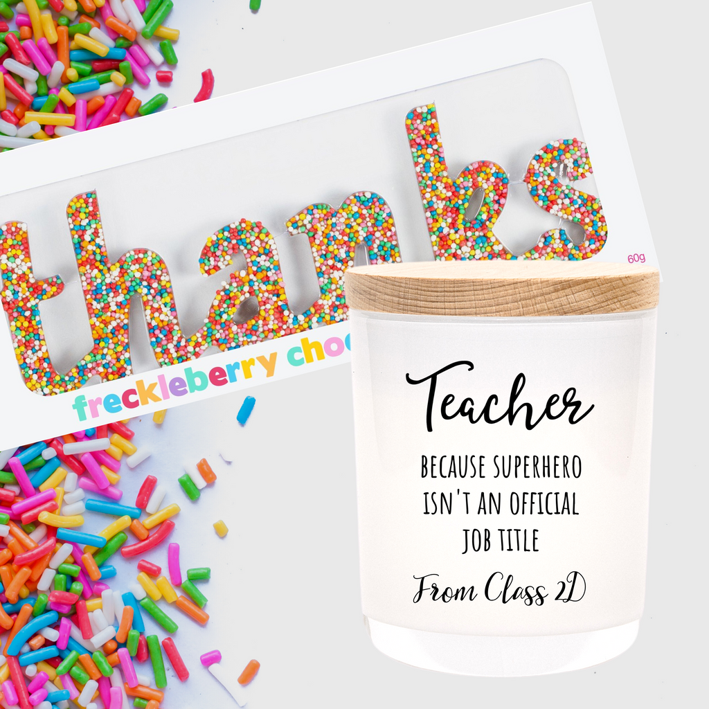 Teacher Thank You Candle Gift - Personalised, Superhero, Custom, Chocolate